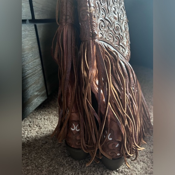 Corral Boots Womens Caracas Fringe And Tooled-Inlay Snip Toe Cowboy Casual Boots - Picture 3 of 7